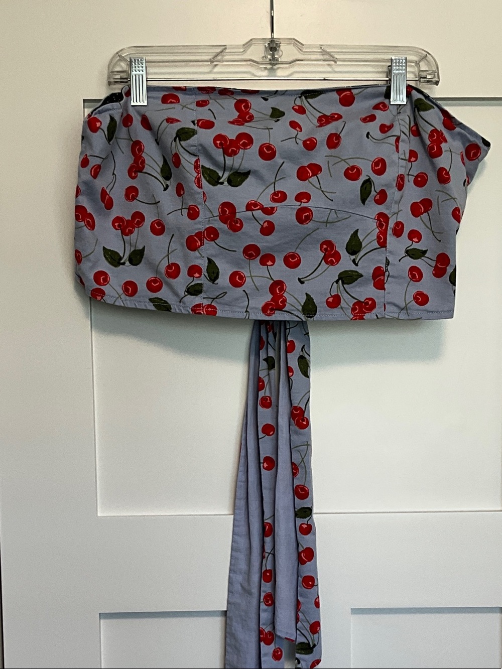 Maeve Strapless Cherry Print Crop Top - Red on Blue